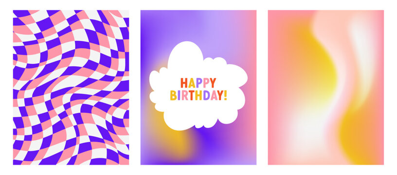 Set of bright backgrounds with a birthday greeting card. Mesh abstract gradient and checkered distorted background. Simple vector illustration. Design of a invitations, postcard, print or poster