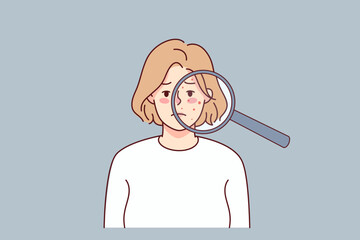 Unhappy woman with acne on face under magnifying glass. Upset young female suffer from skincare problems. Dermatology and cosmetology. Vector illustration. 