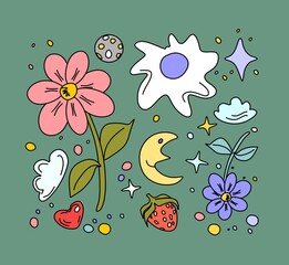 Drawing by hand.A set of cute little things on a green background. The mood is romantic, aesthetic. Flowers, moons, clouds, crystals, strawberries, hearts and stars.Retro style. 