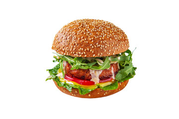 Hamburger with pork cutlet, sauce, tomatoes, arugula and spinach