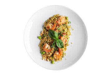 Couscous with shrimps, basil, hazelnuts, beans and mung bean salad