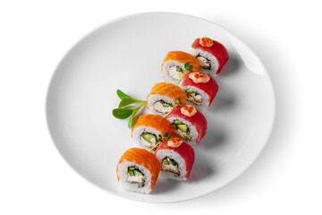 Roll with rice, tuna, salmon, cucumber, mung bean salad, salmon caviar, nori and Philadelphia cheese