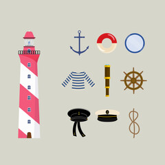 Striped lighthouse and a set of marine items