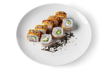 Roll with rice, eel, sesame seeds, avocado, sauce, Philadelphia cheese and nori