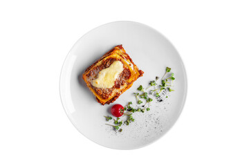 Lasagna with cheese, meat, ketchup, puff pastry, tomatoes and mung bean salad