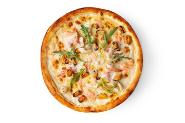 Pizza with salmon, arugula, mussels, blue cheese and other types of cheese