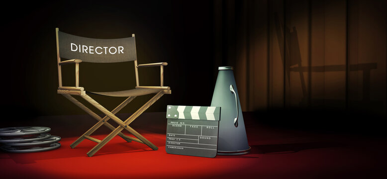 Director`s chair movies concept, background with copy space for text. Classic cinema 3D render, template