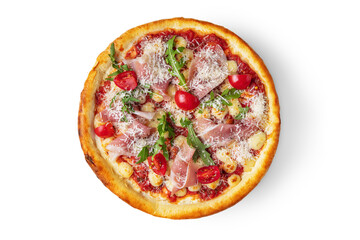 Pizza with prosciutto, arugula, parmesan, tomatoes, cheese and ketchup