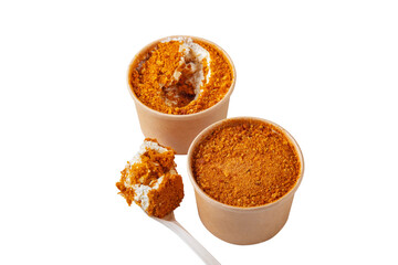 Creme brulee with peanuts, caramel, crumb and cream