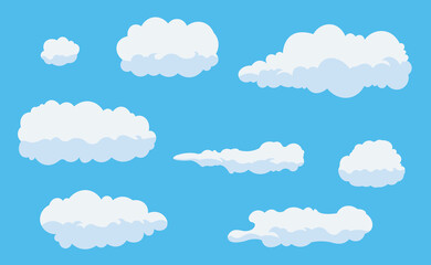 Abstract white cloudy set isolated on blue background. Vector illustration.