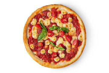 Pizza with basil, tomatoes, cheese and ketchup