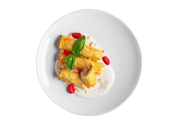 Pancakes with minced pork, basil, tomatoes and white sauce