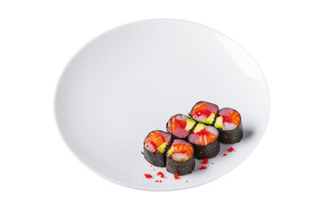 Roll with avocado, squid, tuna, salmon, tobiko caviar and nori