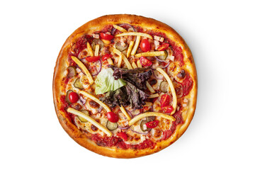 Pizza with fries, salad, pickled cucumbers, onions, tomatoes, cheese and ketchup