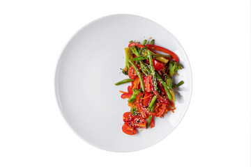 Salad with asparagus beans, sesame seeds, tomatoes, broccoli, peppers and carrots