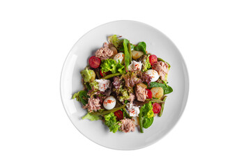 Salad with meat, potatoes, sauce, asparagus beans, boiled eggs, cheese, salad and spinach