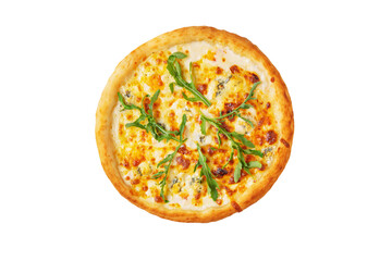 Pizza with arugula, mozzarella, bergader, blue cheese