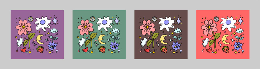 The mood is romantic, aesthetic. Flowers, moons, clouds, crystals, strawberries, hearts and stars.Retro style. Drawing by hand.A set of cute little things on a pink, gray-brown, green,purple.
