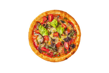 Pizza with tomatoes, frisse salad, pepper, fried egg, ketchup, zucchini and mushrooms