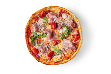 Pizza with tomatoes, ketchup, arugula, prosciutto and cheese
