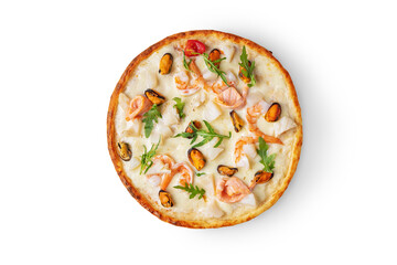 Pizza with salmon, mussels, squid, arugula and cheese