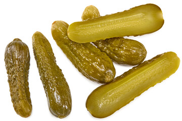 marinated pickled cucumbers with slices isolated on white background. Clipping path and full depth of field