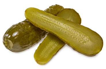marinated pickled cucumbers with slices isolated on white background. Clipping path and full depth of field