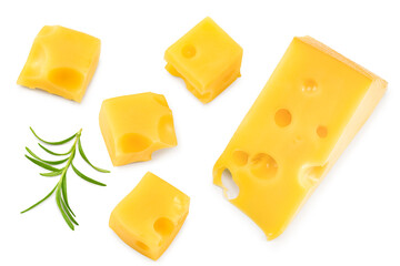 cheese slices with rosemary isolated on white background. Clipping path and full depth of field. Top view