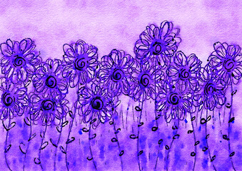 purple lavendar field of flowers illustration, handpainted floral image