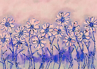 watercolor field of flowers illustration, handpainted floral image