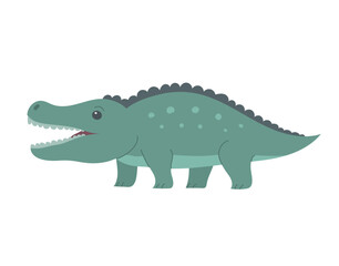 Cute green crocodile with open mouth. Aquatic reptile. Toothy alligator caiman. Animal of Africa. Zoo and fauna. Cartoon character. Flat vector illustration for children isolated on white background