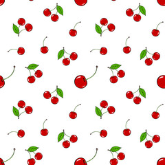 Cherry seamless pattern. Red berries with a leaf. Sweet tasty berry. Healthy food. Design texture for fabric, textile, postcard, label, packaging. Vector art illustration on white background