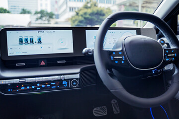 Interior electric car dashboard with radio channel