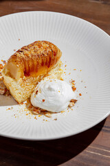 Fried potatoes with honey, sauce, cheesecake, sour cream