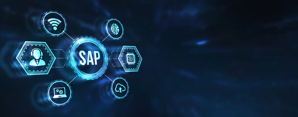 Internet, business, Technology and network concept. SAP System Software Automation concept on virtual screen data center. 3d illustration.