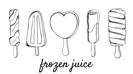 Collection of outline frozen juice ice cream or popsicle isolated on white background. Sweet dessert. Contour drawn vector illustration