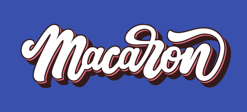 Vector illustration of Macaron French patisserie logo. Hand lettering typography isolated on blue background. Design for pastry shop, caf&eacute;. Badge, icon, label, sticker, emblem, gift box, packaging