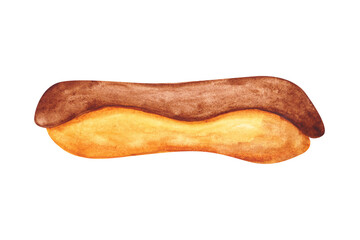Eclair. Donut isolated on a white background. Watercolor doughnut illustration. Hand-drawn delicious glazed chocolate dessert clipart. Single bakery object. Cute donut icon for logo and more.
