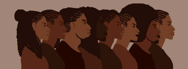 Group of african american people with differnt afro hair styles. Man and woman crowd illustration.