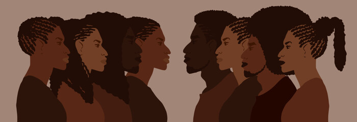 Group of african american people with differnt afro hair styles. Man and woman crowd illustration.