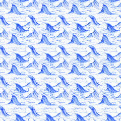 Waves seamless pattern. Blue watercolor wave endless print on a white background. Hand-drawn navy blue stormy sea illustration. Pacific ocean sketch on a wallpaper. Cute backdrop.