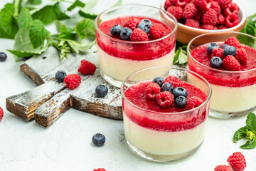 Italian dessert. Raspberry Panna cotta with raspberry jelly on a light background. Berry dessert...