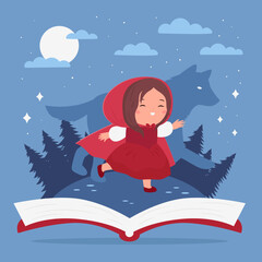 Little Red Riding Hood fairy tale book cover. Girl with wolf on forest background. Cartoon kawaii characters. Vector illustration.