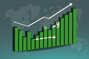 Saudi Arabia 3D bar chart graph with ups and downs, increasing values, upward rising arrow on data, news banner idea