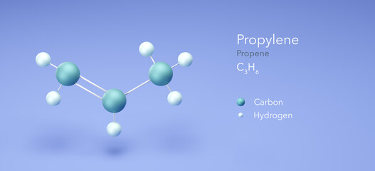 propylene, propene, colorless gas, molecular structures, 3d rendering, Structural Chemical Formula and Atoms with Color Coding