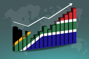 South Africa 3D bar chart graph with ups and downs, increasing values, upward rising arrow on data, news banner idea