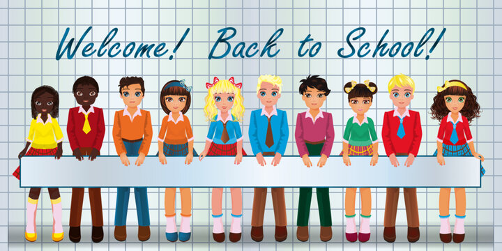 Back to school banner, young friend and girlfriend, boy and girl in school uniform. vector illustration