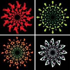 Set of four geometric round pattern vector designs with arrows and flower shape
