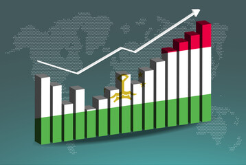 Tajikistan 3D bar chart graph with ups and downs, increasing values, upward rising arrow on data, news banner idea