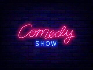 Comedy show neon lettering word. Stand up banner. Comic performance. Pink text. Light sign. Vector stock illustration